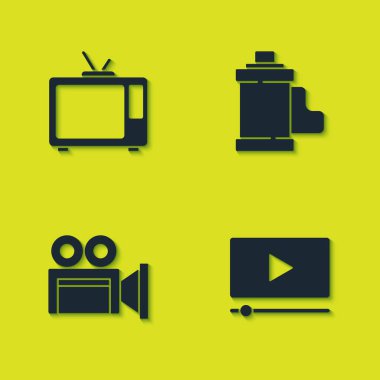 Retro TV, Online play video, Cinema camera ve Camera film roll kartuş simgesini ayarlayın. Vektör.