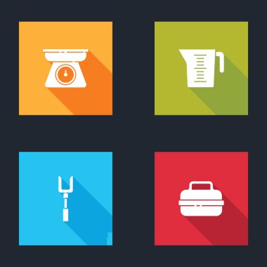 Pulları, ölçü kabını, barbekü çatalını ve tencere simgesini hazırla. Vektör.