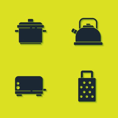 Tencereyi, tost makinesini, tost makinesini ve su ısıtıcısını ikonlu hazırla. Vektör.