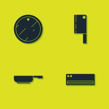 Kesme tahtası, klima, kızartma tavası ve et helikopter simgesi. Vektör.