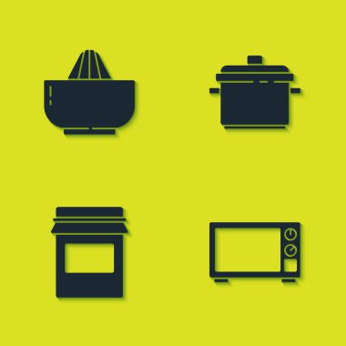 Citrus meyve sıkacağı, mikrodalga fırın, reçel kavanozu ve tencere ikonu hazırla. Vektör.