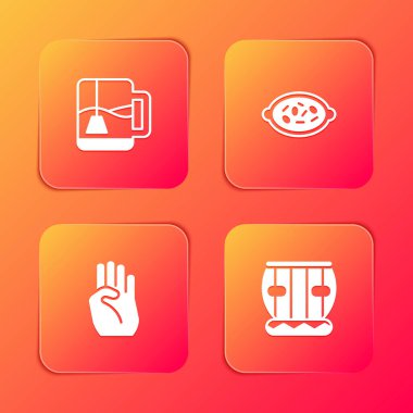 Çay poşetli çay, Kheer kasede, Hint sembollü el ve Alet tablosu ikonu. Vektör.