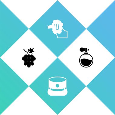 Üzüm meyvesi, Kepi, kaniş köpeği ve parfüm ikonu koy. Vektör.