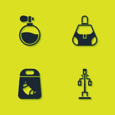 Parfüm, sokak lambası, kruvasan paketi ve el çantası ikonu hazırla. Vektör.