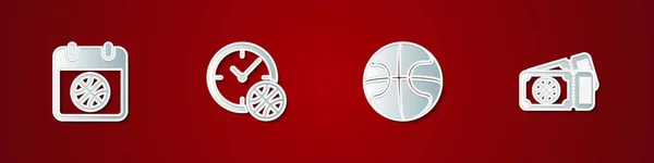 Установите Спортивный Календарь Часы Баскетбольным Мячом Значок Билета Игру Вектор — стоковый вектор