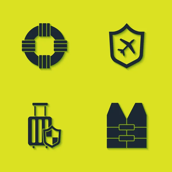 Set Lifebuoy Jacket Travel Suitcase Shield Plane Icon Vector — Stock Vector