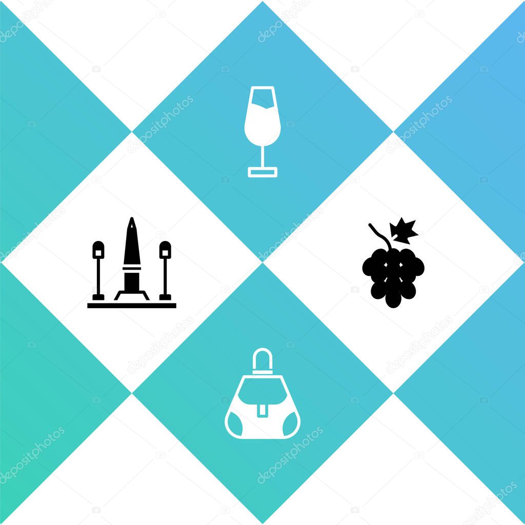 Set Place De La Concorde, Handbag, Wine glass and Grape fruit icon. Vector.