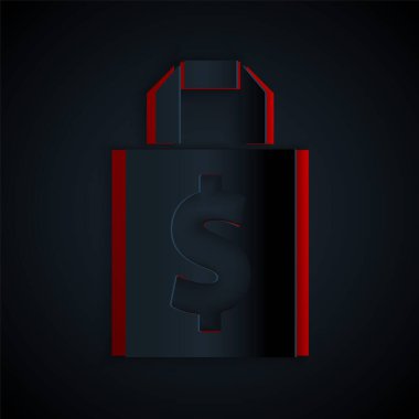 Kağıt kesiği torbası ve dolar sembolü siyah arka planda izole edilmiş. El çantası işareti. Kadın çanta ikonu. Kadın el çantası işareti. Kağıt sanatı tarzı. Vektör İllüstrasyonu.