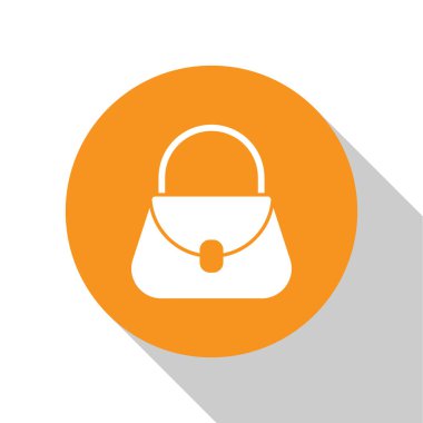 Beyaz El Çantası simgesi beyaz arkaplanda izole edildi. Kadın el çantası işareti. Glamour günlük bagaj sembolü. Turuncu daire düğmesi. Vektör İllüstrasyonu.