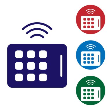 Beyaz arkaplanda mavi kablosuz tablet simgesi izole edildi. İnternet kavramının kablosuz bağlantısı. Renkli kare düğmelerle simgeleri ayarla. Vektör.