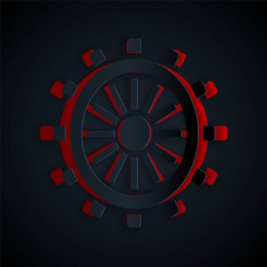 Kağıt kesikli direksiyon simgesi siyah arka planda izole edilmiş. Kağıt sanatı tarzı. Vektör.