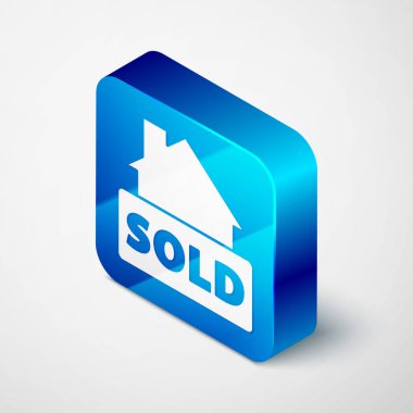 Gri arkaplanda izole edilmiş metin satılan simgesi ile Isometric Asılma işareti. Çıkartma satıldı. Tabela satıldı. Mavi kare düğme. Vektör.