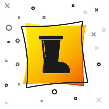 Siyah su geçirmez lastik bot simgesi beyaz arkaplanda izole edilmiş. Yağmurlu hava, balıkçılık, bahçe işleri için çizme. Sarı kare düğme. Vektör.