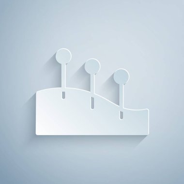 Kağıt kesiği Akupunktur terapi ikonu gri arka planda izole edilmiş. Çin ilacı. Holistik ağrı kontrol tedavileri. Kağıt sanatı tarzı. Vektör.