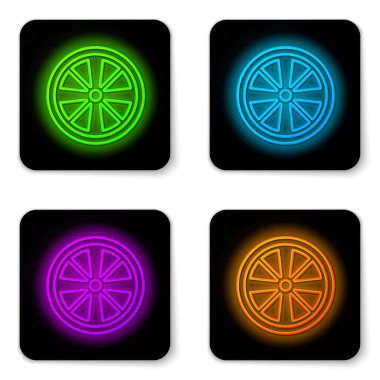 Beyaz arkaplanda izole edilmiş bir araba simgesi için parlayan neon hat alloy tekerleği. Siyah kare düğme. Vektör.