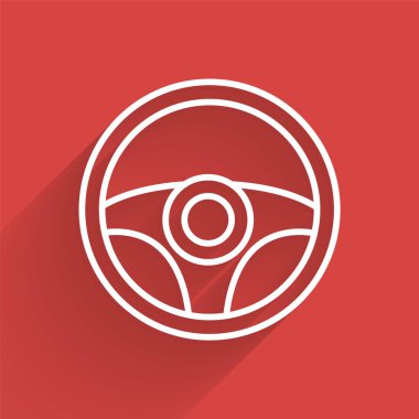 Beyaz çizgi direksiyon ikonu uzun gölgeli izole edilmiş. Araba tekeri ikonu. Vektör.