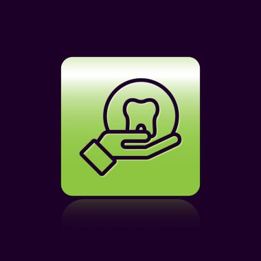 Siyah çizgi diş simgesi siyah arkaplanda izole edildi. Diş hekimliği kliniği veya diş hekimliği merkezi ve diş macunu paketi için diş sembolü. Yeşil kare düğmesi. Vektör.