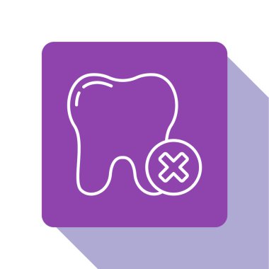 Beyaz çizgili diş, beyaz arka planda izole edilmiş ikonlu. Diş çürüğü. Mor kare düğme. Vektör.
