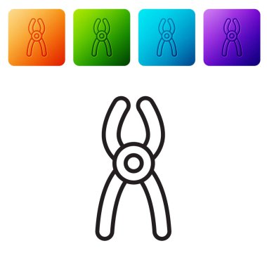 Siyah çizgi dişçi kerpeten simgesi beyaz arkaplanda izole edildi. Diş aletleri. Renkli kare düğmelerle simgeleri ayarla. Vektör.