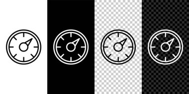 Siyah ve beyaz arkaplanda 5G simgesi izole edilmiş çizgi dijital hız ölçer konseptini ayarla. Küresel ağ yüksek hızlı bağlantı veri oranı teknolojisi. Vektör.