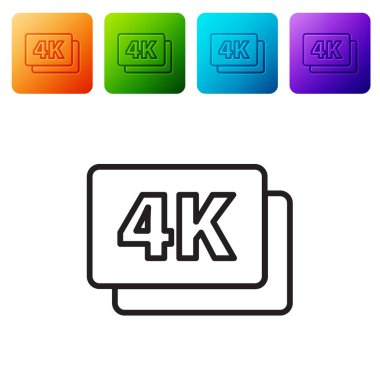 Siyah çizgi 4k Ultra HD simgesi beyaz arkaplanda izole edildi. Renkli kare düğmelerle simgeleri ayarla. Vektör.
