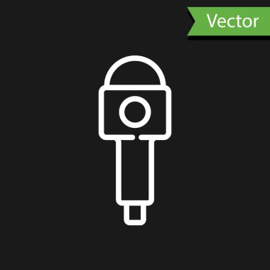 Beyaz çizgi mikrofon simgesi siyah arkaplanda izole edildi. Radyodaki mikrofondan. Sözcü işareti. Vektör.