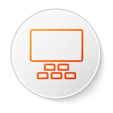 Ekranı ve beyaz arka planda izole edilmiş koltuk ikonu olan turuncu çizgi sinema salonu. Beyaz daire düğmesi. Vektör.