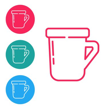 Kırmızı çizgi kahve fincanı simgesi beyaz arkaplanda izole edilmiş. Çay fincanı. Sıcak içecek kahvesi. Simgeleri daire düğmelerine ayır. Vektör.