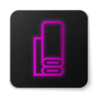 Parlayan neon hattı, beyaz arka planda izole edilmiş Hint tekstil kumaşı ikonu. Yuvarlan, paspas, halı, halı, halı ya da kağıt rulo ikonu. Siyah kare düğme. Vektör.