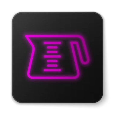 Parlayan neon hattı beyaz arka planda izole kahve demliği ikonu. Siyah kare düğme. Vektör.