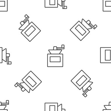 Gri çizgi manuel kahve öğütücü ikonu beyaz arka planda pürüzsüz desen izole etti. Vektör.