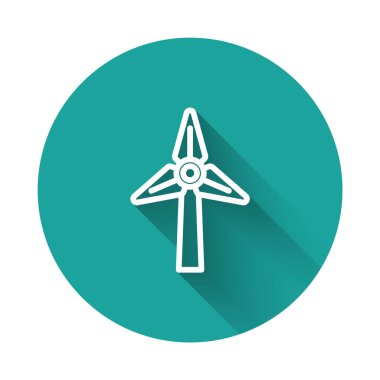 Beyaz çizgi rüzgar türbini ikonu uzun gölgeli izole edilmiş. Rüzgar jeneratörü işareti. Elektrik üretimi için yel değirmeni. Yeşil daire düğmesi. Vektör.