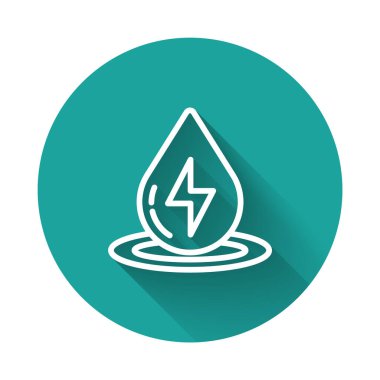 Beyaz çizgi Su Enerji ikonu uzun gölgeli izole edilmiş. Su damlacıklarıyla ekoloji kavramı. Alternatif enerji kavramı. Yeşil daire düğmesi. Vektör.