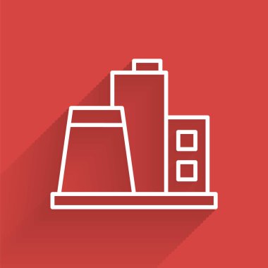 Beyaz çizgi fabrikası ikonu uzun gölgeli izole edilmiş. Endüstriyel bina. Vektör.