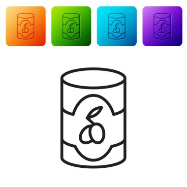 Beyaz arka planda siyah zeytin kutusu simgesi izole edildi. Konserve yiyecek kavramı. Renkli kare düğmelerle simgeleri ayarla. Vektör.