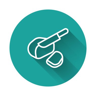 Beyaz çizgi Kanada Peameal pastırması ikonu uzun gölgeli izole edilmiş. Yeşil daire düğmesi. Vektör.