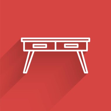 Beyaz çizgi ofis masa simgesi uzun gölgeli izole edilmiş. Vektör.