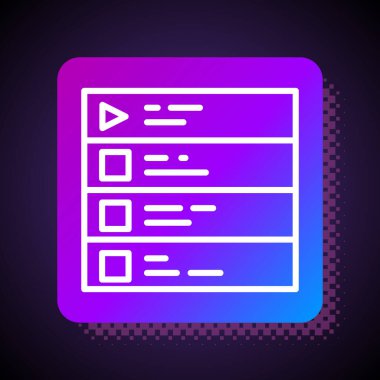 Beyaz çizgi Müzik Listesi simgesi siyah arkaplanda izole edildi. Kare renk düğmesi. Vektör.