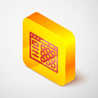 Isometric line Drum makinesi simgesi gri arkaplanda izole edildi. Müzik aletleri. Sarı kare düğme. Vektör.