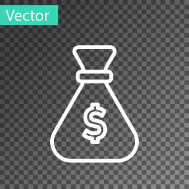 Beyaz çizgi Para Çantası simgesi şeffaf arkaplanda izole edildi. Dolar ya da USD sembolü. Nakit bankacılık tabelası. Vektör.