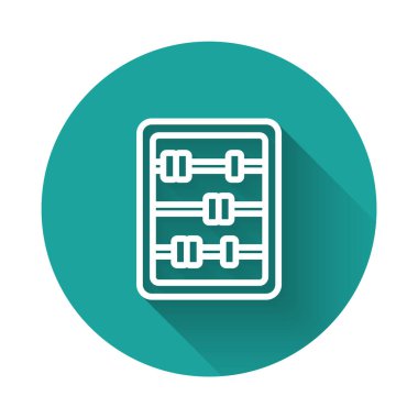 Beyaz çizgi Abaküs simgesi uzun gölgeli izole edilmiş. Geleneksel sayım çerçevesi. Eğitim işareti. Matematik okulu. Yeşil daire düğmesi. Vektör.