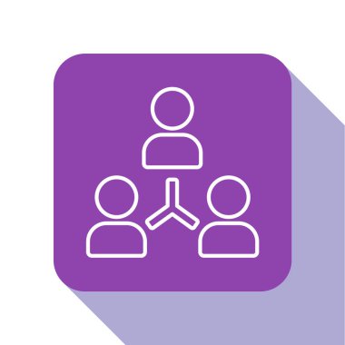 Beyaz çizgi Proje ekip taban simgesi beyaz arkaplanda izole edildi. İş analizi ve planlama, danışmanlık, takım çalışması, proje yönetimi. Mor kare düğme. Vektör.