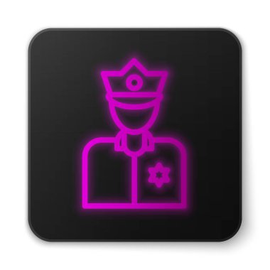 Parlayan neon hattı polis memuru ikonu beyaz arka planda izole edildi. Siyah kare düğme. Vektör.