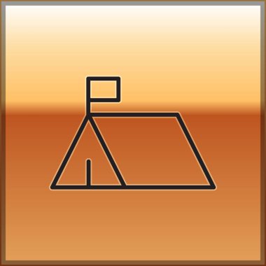 Siyah çizgi protesto kampı ikonu altın arka planda izole edildi. Protesto çadırı. Vektör.