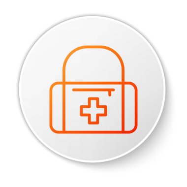 Turuncu çizgi ilk yardım çantası simgesi beyaz arkaplanda izole edildi. Haçlı sağlık kutusu. Acil durumlar için tıbbi ekipman. Sağlık sigortası konsepti. Beyaz daire düğmesi. Vektör.