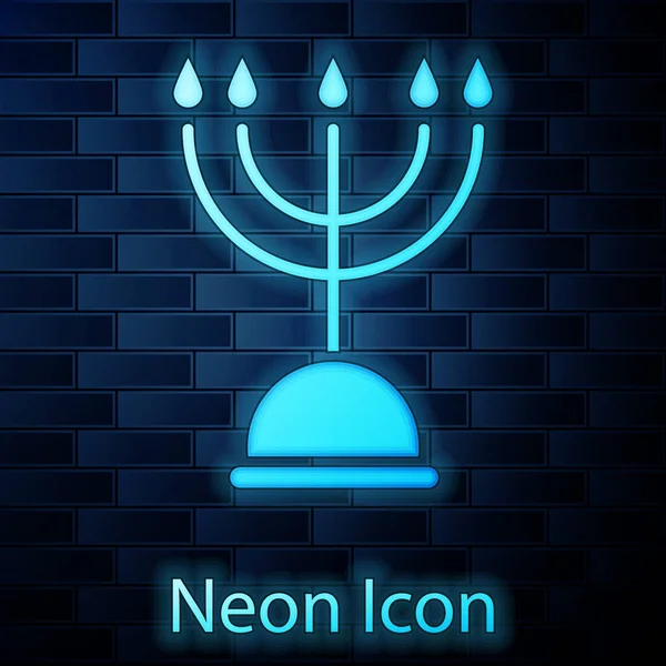 Świecący Neon Chanuka Menora Ikona Izolowane Tle Cegły Ściany Hanukkah — Wektor stockowy