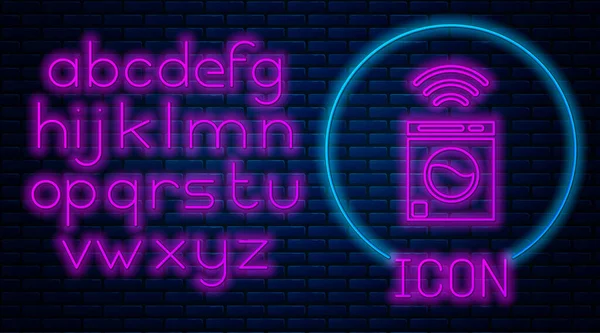 Ragyogó Neon Smart Mosógép Rendszer Ikon Elszigetelt Téglafal Háttér Mosógép — Stock Vector