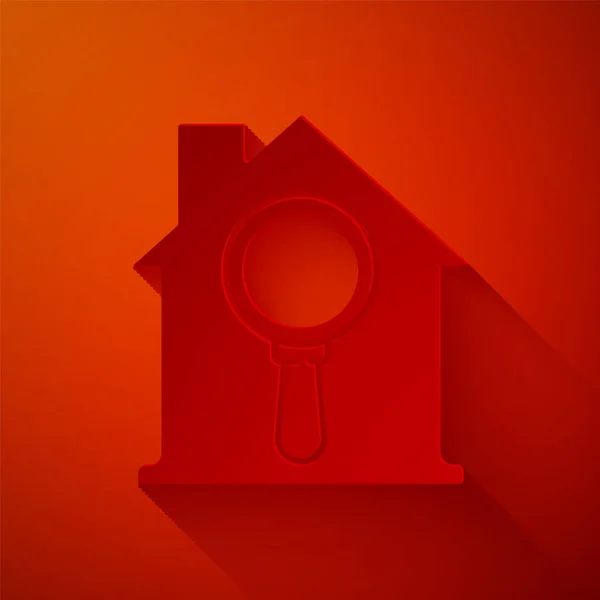 剪纸搜索房屋图标孤立在红色背景 在放大镜下房子的房地产标志 造纸艺术风格 — 图库矢量图片