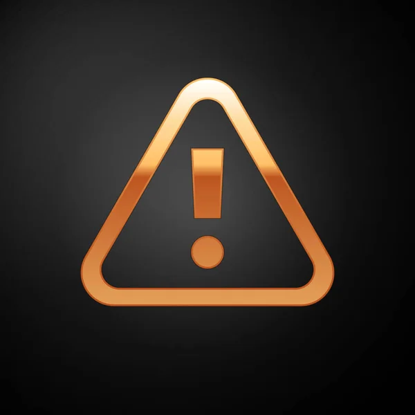 Gold Ausrufezeichen Dreieck Symbol Isoliert Auf Schwarzem Hintergrund Gefahrenwarnschild Vorsicht — Stockvektor