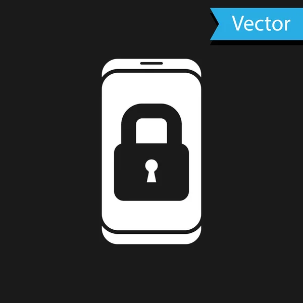 Bílý Smartphone Uzavřeným Visacím Zámkem Ikona Izolované Černém Pozadí Telefon — Stockový vektor